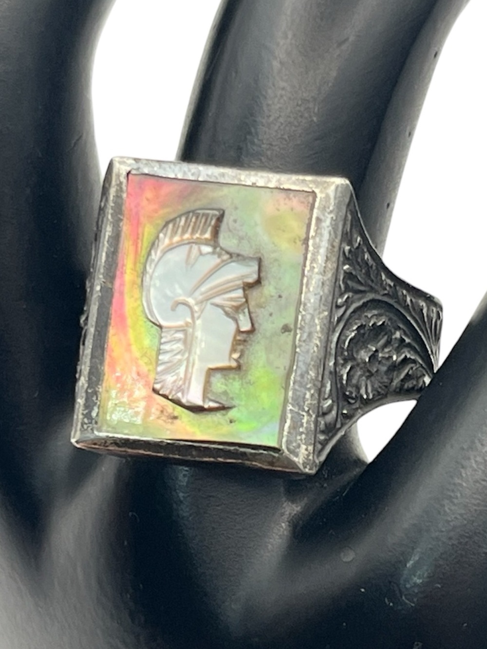 Victorian Roman soldier carved cameo ring sterling silver size 9.5 vintage